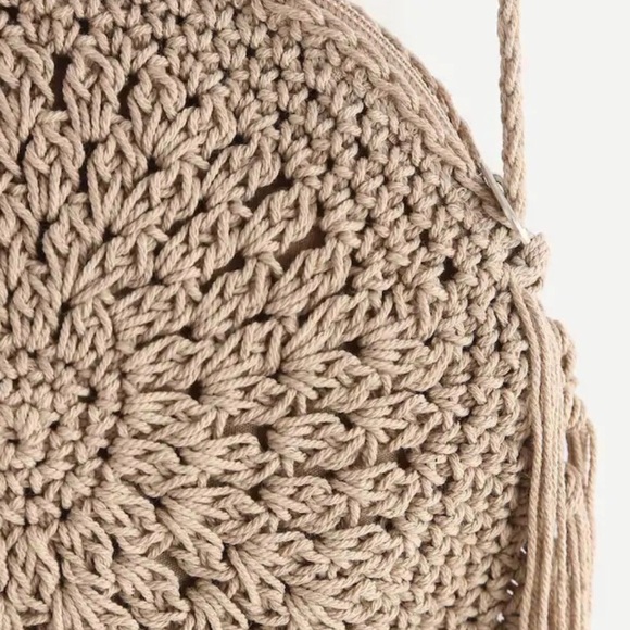 Bohemian Knit Fringe Round Straw Cross body Bag - Picture 4 of 5